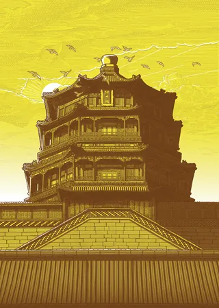 Traditional multi-tiered Chinese palace tower under yellow sky