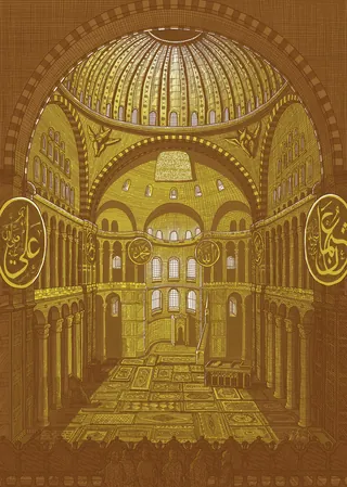Interior view of Hagia Sophia showcasing golden Byzantine mosaics and arches