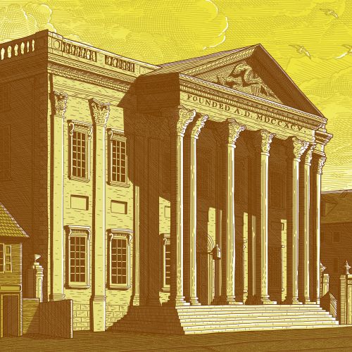 Etching style illustration of the United States Federal Reserve Bank building