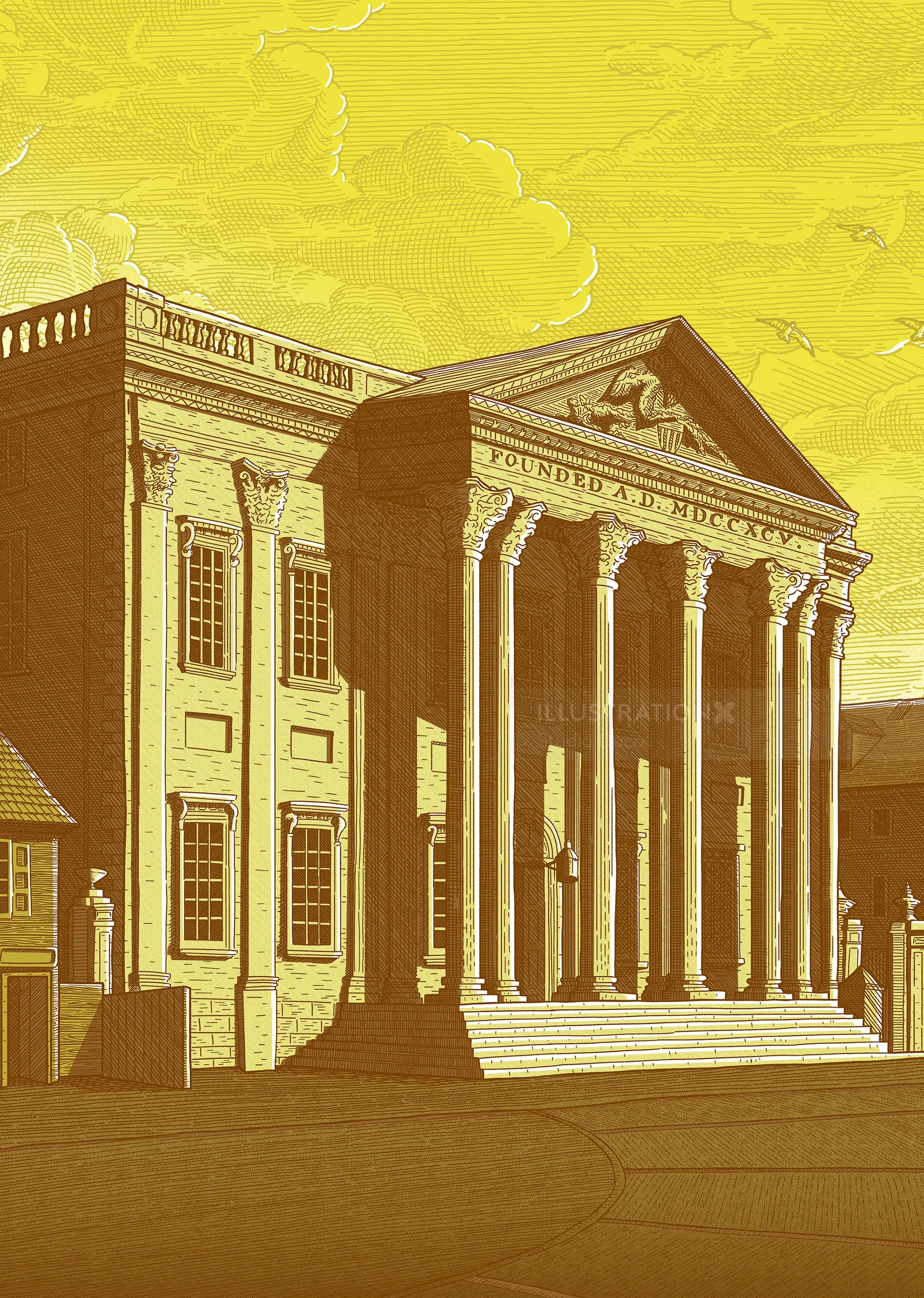Etching style illustration of the United States Federal Reserve Bank building