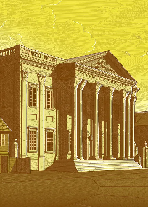 Etching style illustration of the United States Federal Reserve Bank building