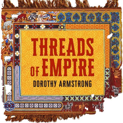 Ornate tapestry background with Threads of Empire book title and author