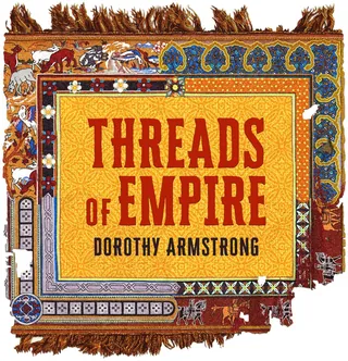 Ornate tapestry background with Threads of Empire book title and author