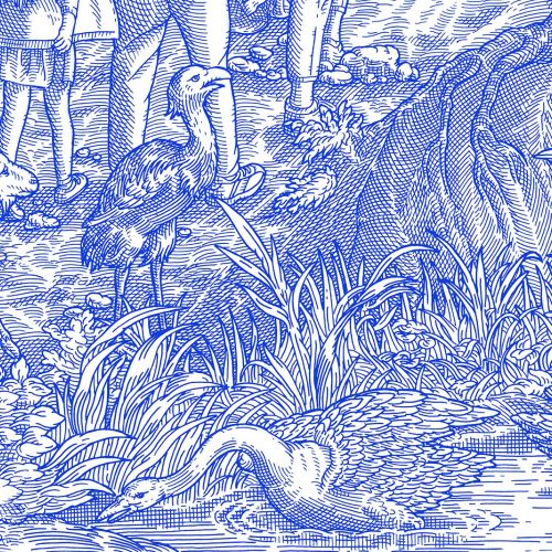 Blue and white toile fabric with nature and waterfowl scene