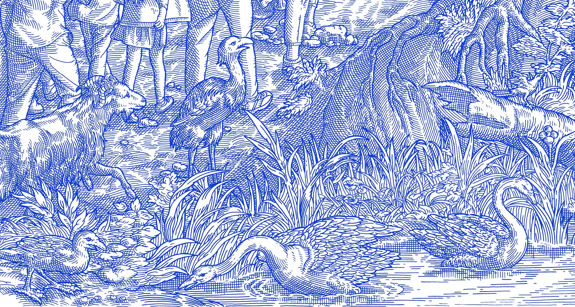 Blue and white toile fabric with nature and waterfowl scene