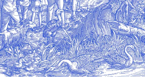 Blue and white toile fabric with nature and waterfowl scene