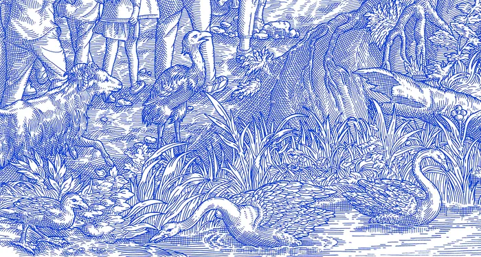 Blue and white toile fabric with nature and waterfowl scene