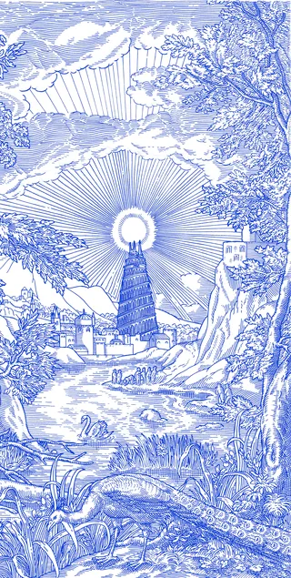 Blue and white illustration of lighthouse and coastal landscape