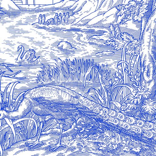 Blue and white toile fabric pattern with nature and wildlife scene