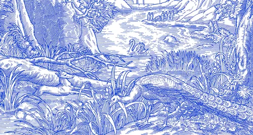Blue and white toile fabric pattern with nature and wildlife scene