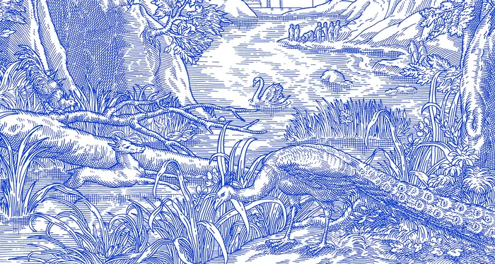 Blue and white toile fabric pattern with nature and wildlife scene