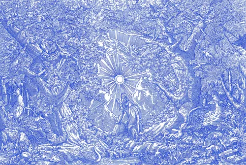 Blue and white modern toile fabric detailed design by Studio Duco