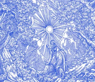 Blue and white toile fabric with figure under radiant sun