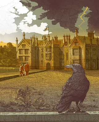 Illustration of Petergate House with dark stormy sky and lightning