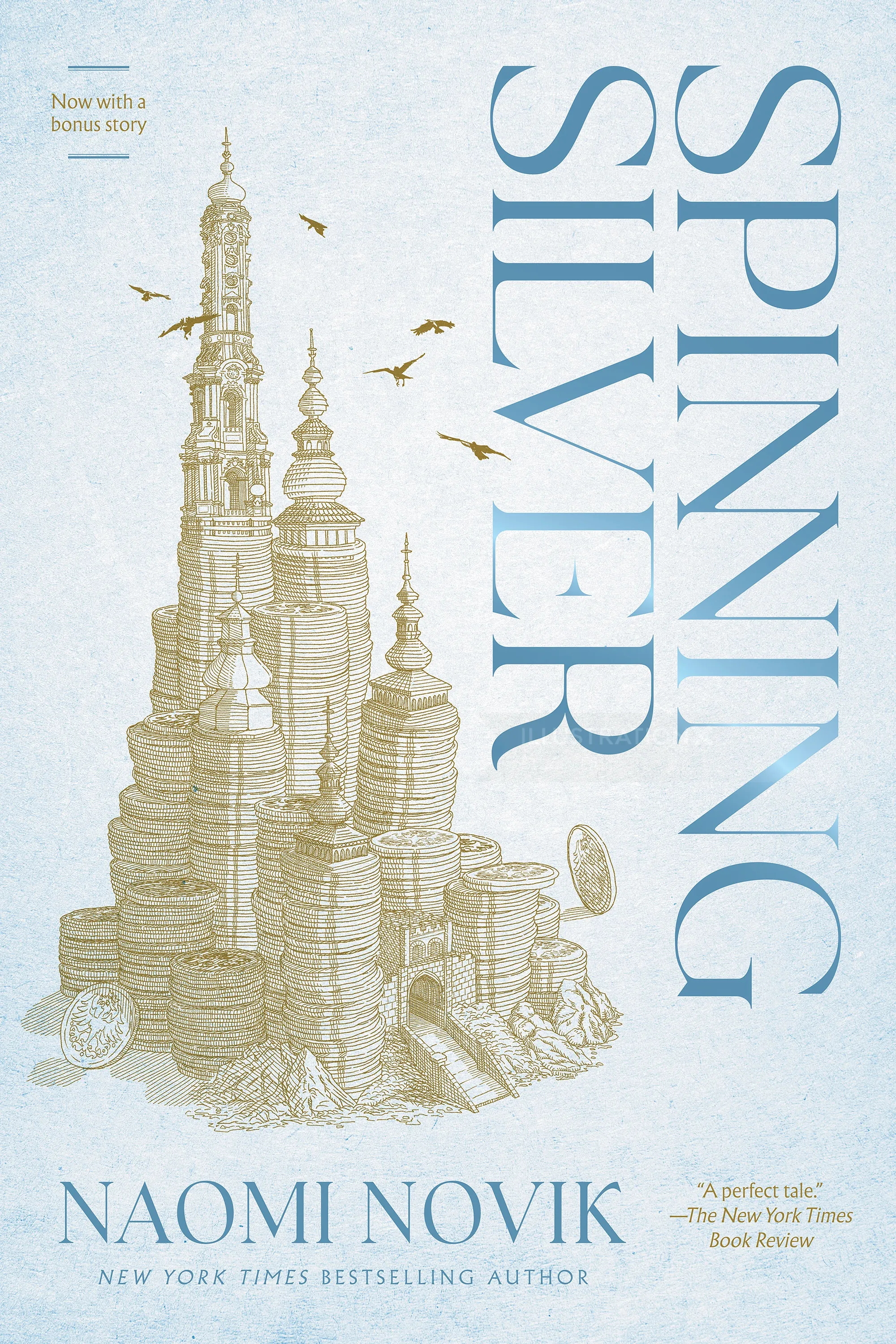Book cover of Spinning Silver by Naomi Novik with tower illustration