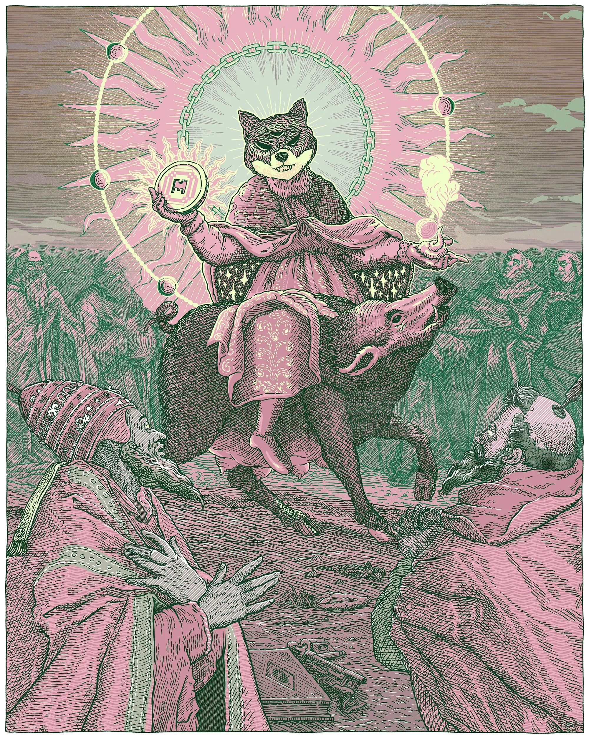 Cat figure in robes riding a boar with moons and people around, Studio Duco