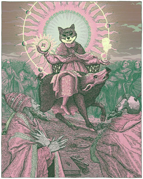 Cat figure in robes riding a boar with moons and people around, Studio Duco