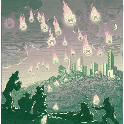 Illustration of memecoin meteors falling over city by Studio Duco