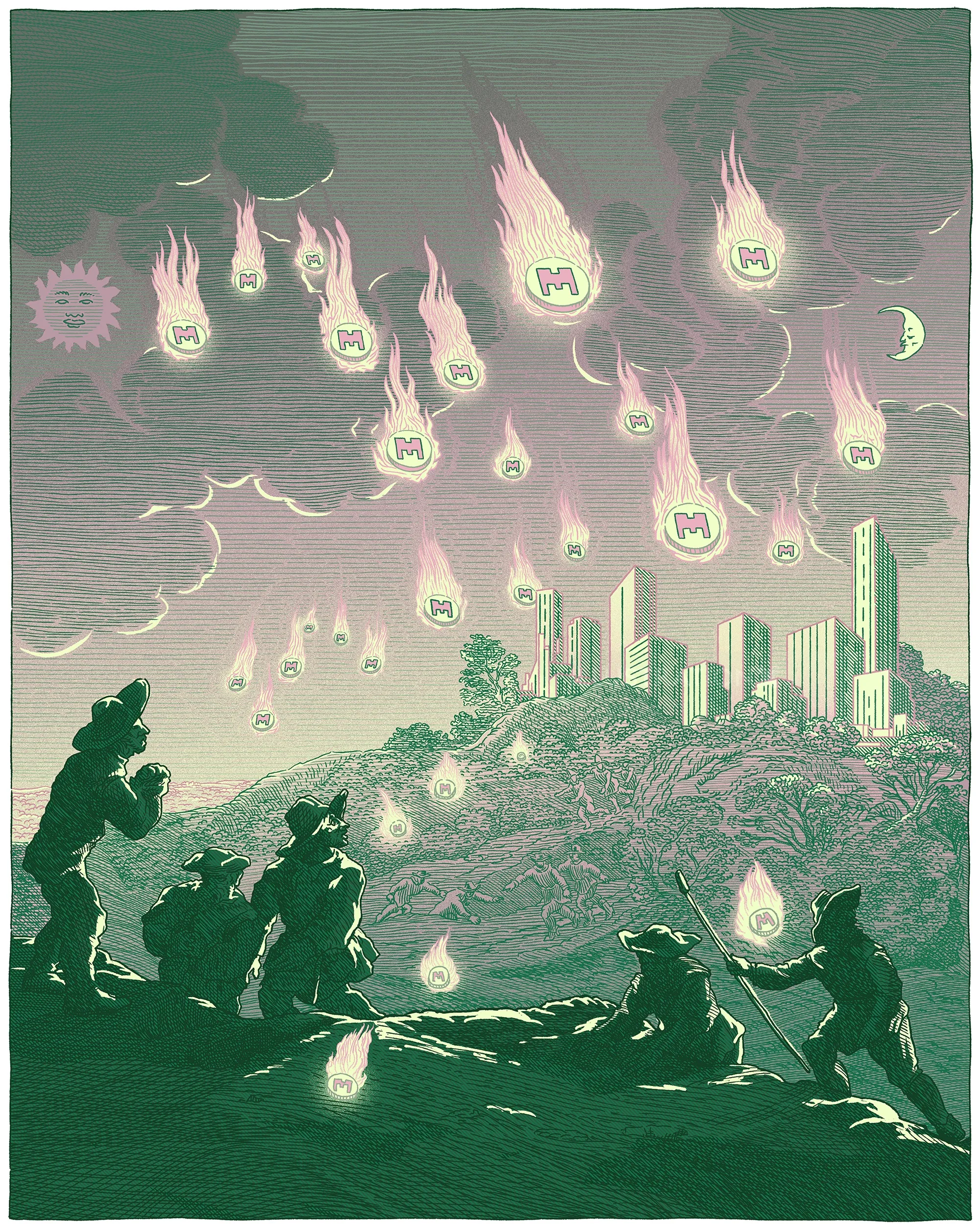 Illustration of memecoin meteors falling over city by Studio Duco