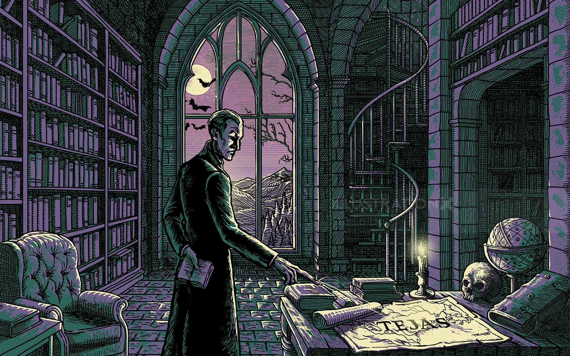 Man holding a Bowie knife in a dark Gothic library, by Studio Duco