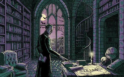 Man holding a Bowie knife in a dark Gothic library, by Studio Duco