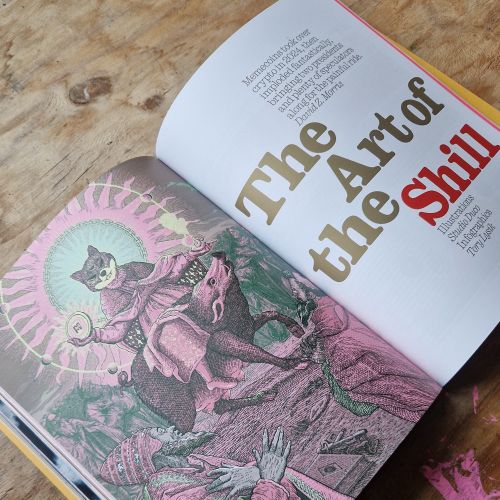 Memecoin conceptual etching illustration in open magazine by Studio Duco
