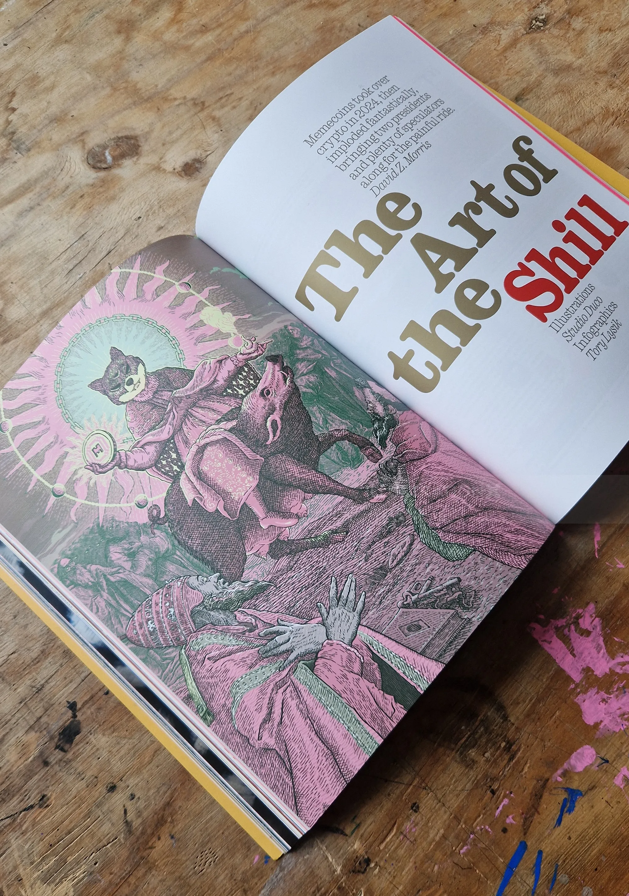 Memecoin conceptual etching illustration in open magazine by Studio Duco