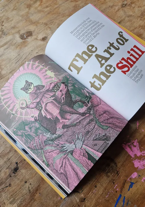 Memecoin conceptual etching illustration in open magazine by Studio Duco