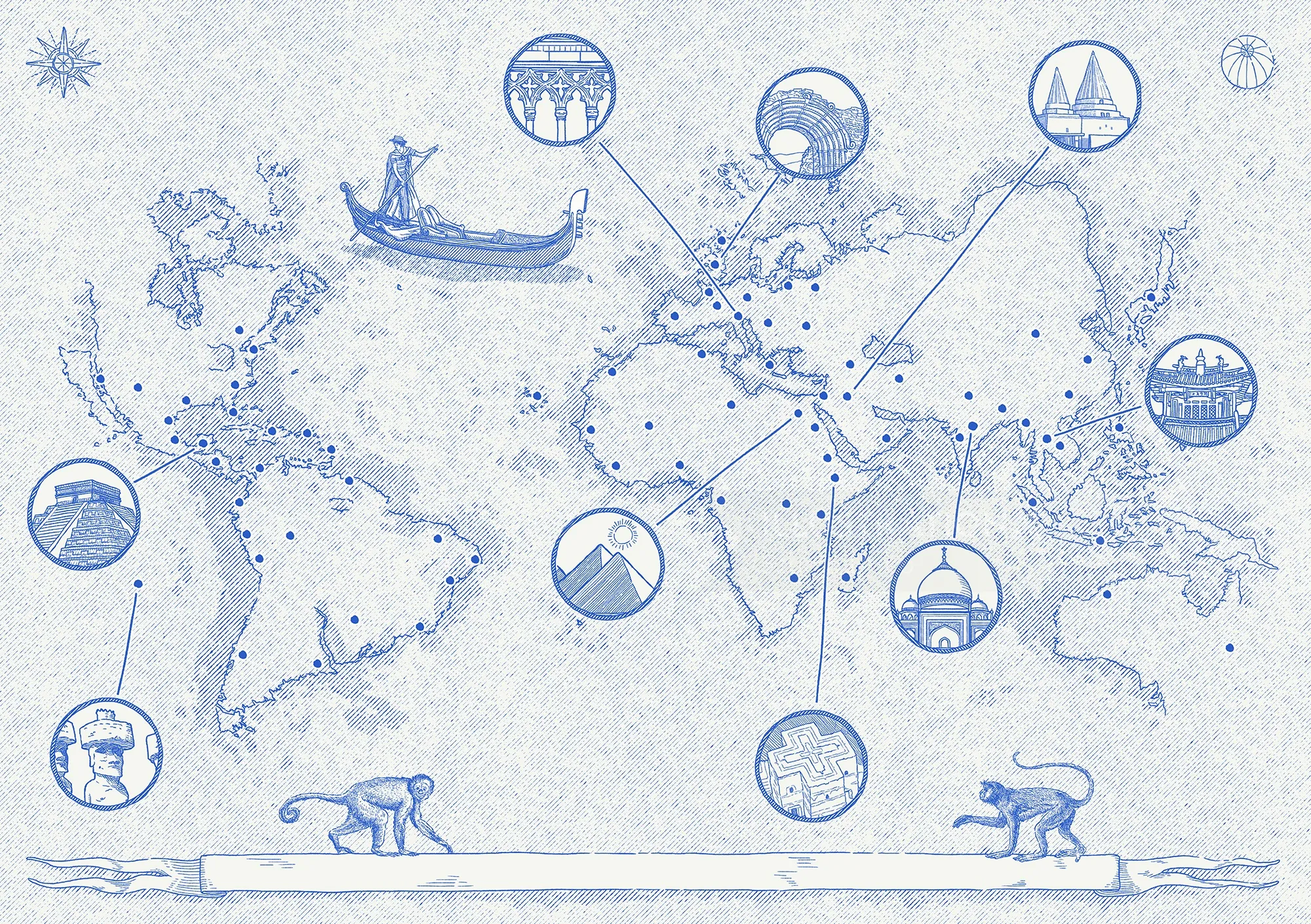 Etching map showing world heritage sites in Delft Blue by Studio Duco