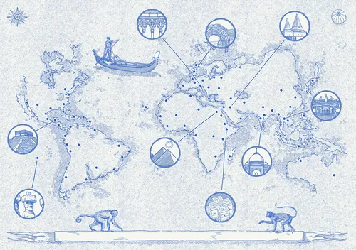 Etching map showing world heritage sites in Delft Blue by Studio Duco