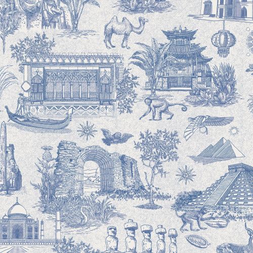 Blue Toile de Jouy pattern with global monuments by Studio Duco
