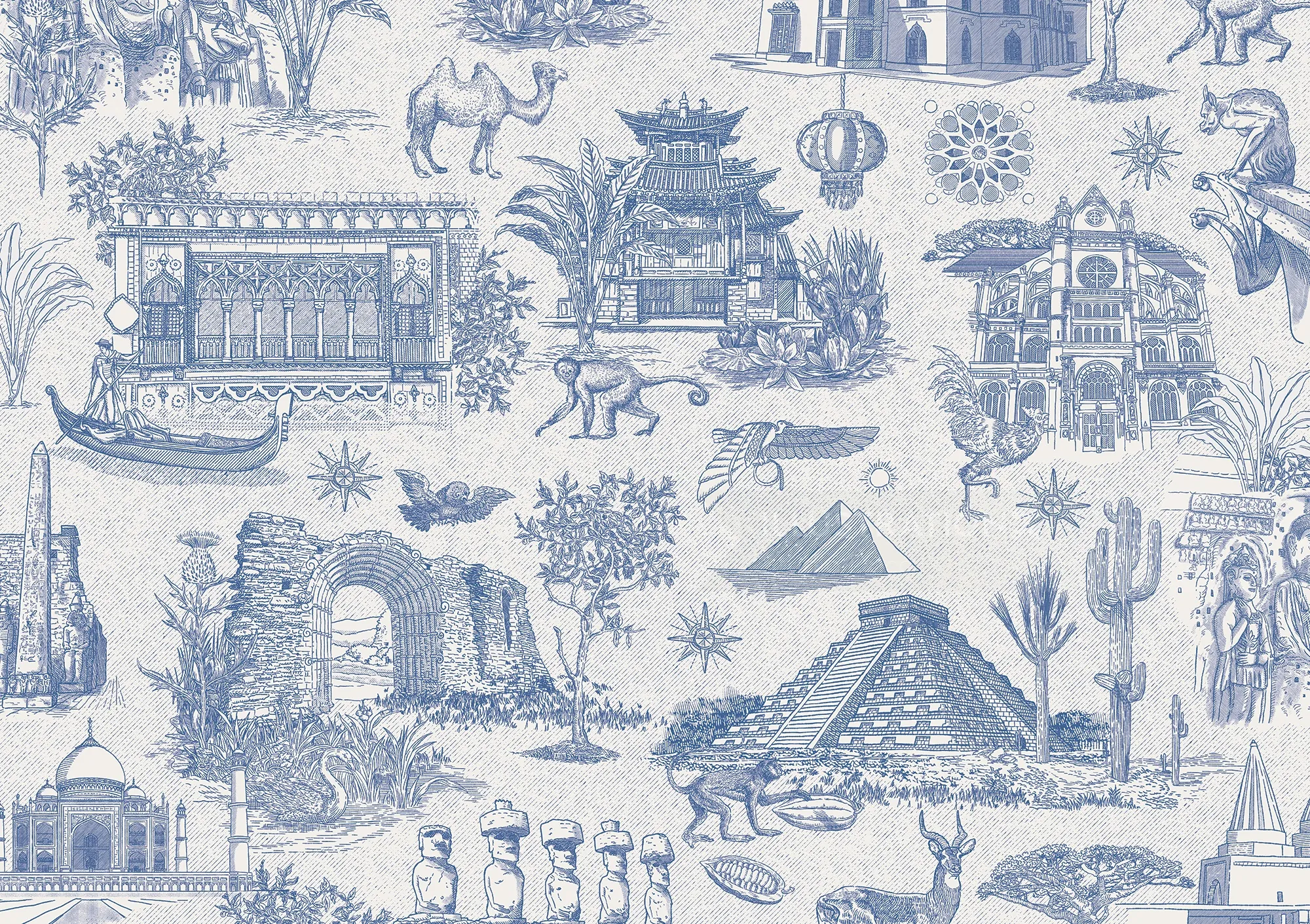 Blue Toile de Jouy pattern with global monuments by Studio Duco