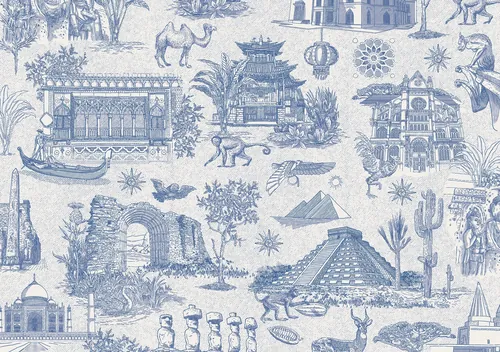 Blue Toile de Jouy pattern with global monuments by Studio Duco