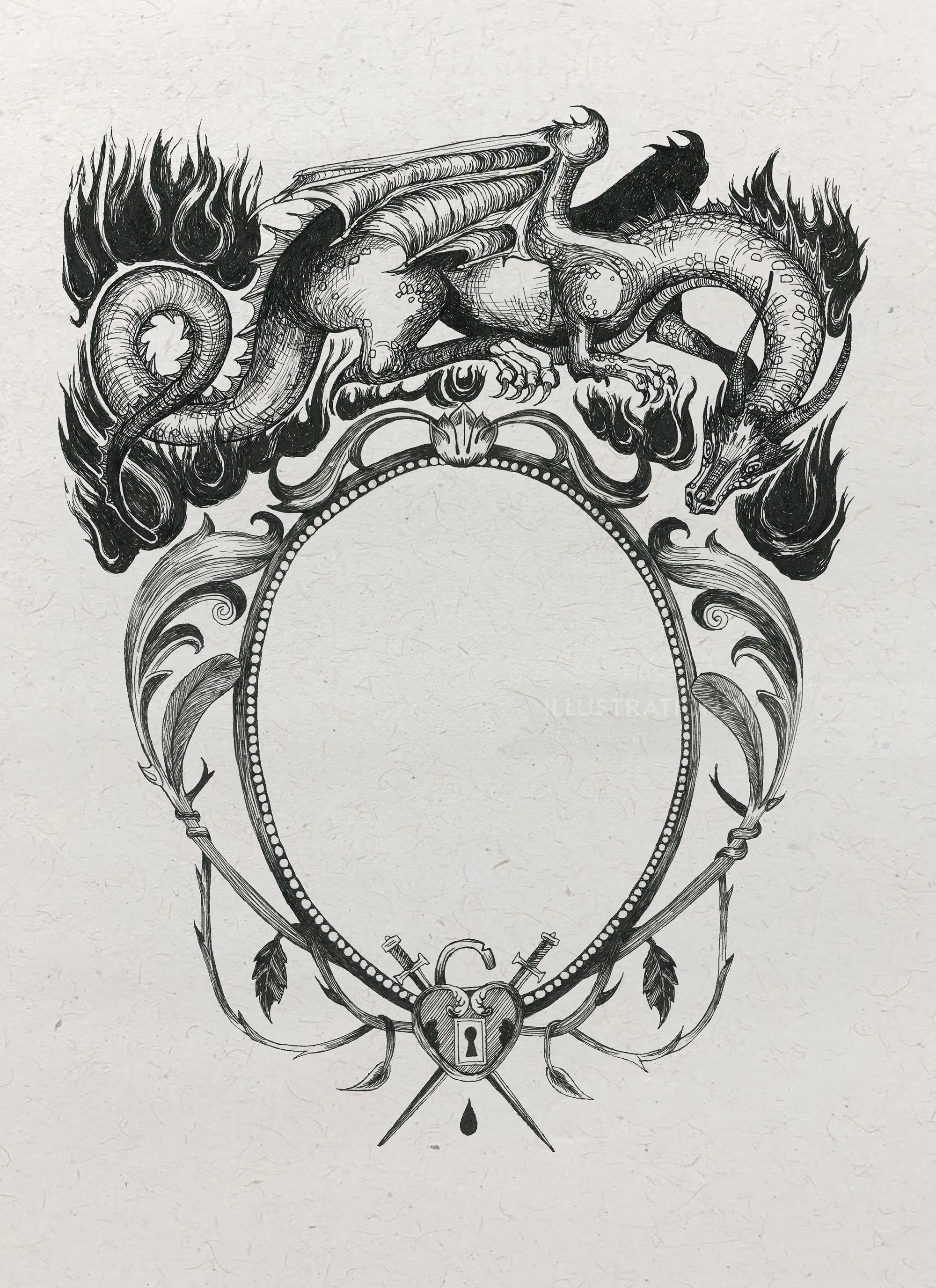 Studio Duco dragon illustration forming an ornate decorative frame