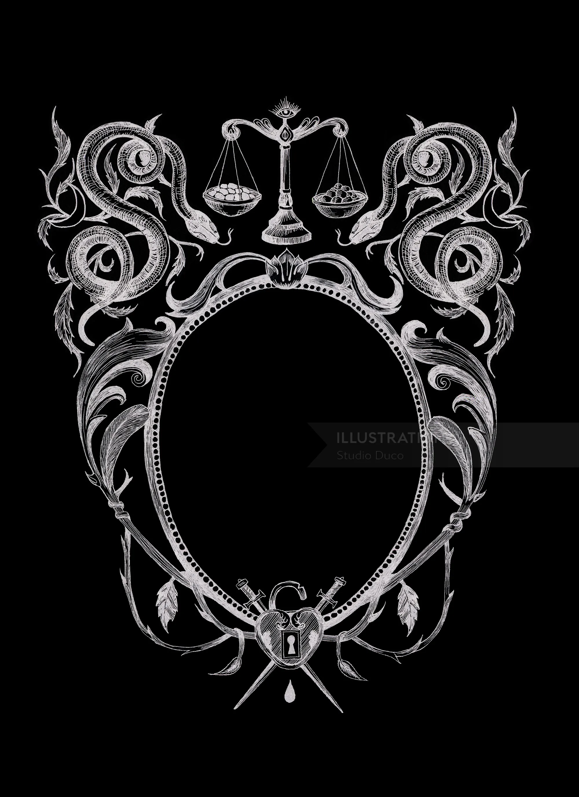 Studio Duco's ornate serpent frame with scales, moons, and balanced symbols