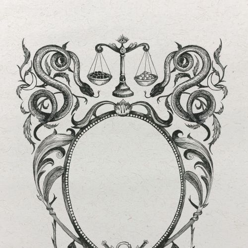 Studio Duco illustration of an ornate serpent frame with scales and skull