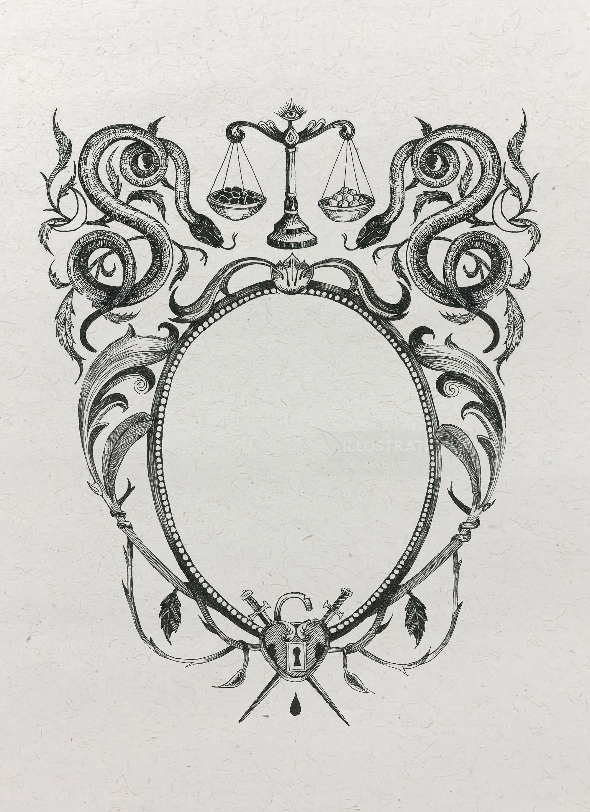 Studio Duco Illustration eines verzierten Schlangenrahmens mit Schuppen und Schädel