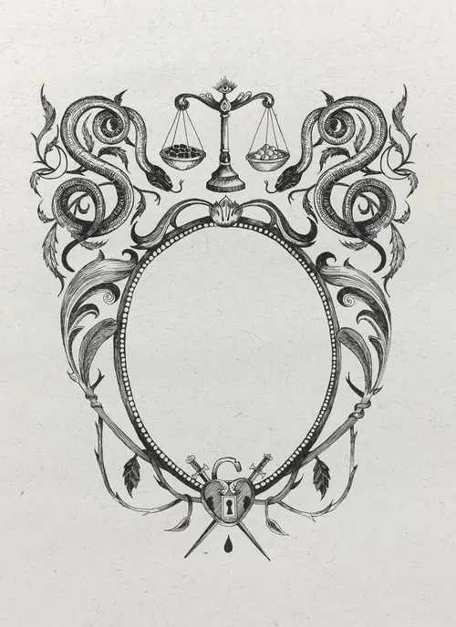 Studio Duco Illustration eines verzierten Schlangenrahmens mit Schuppen und Schädel