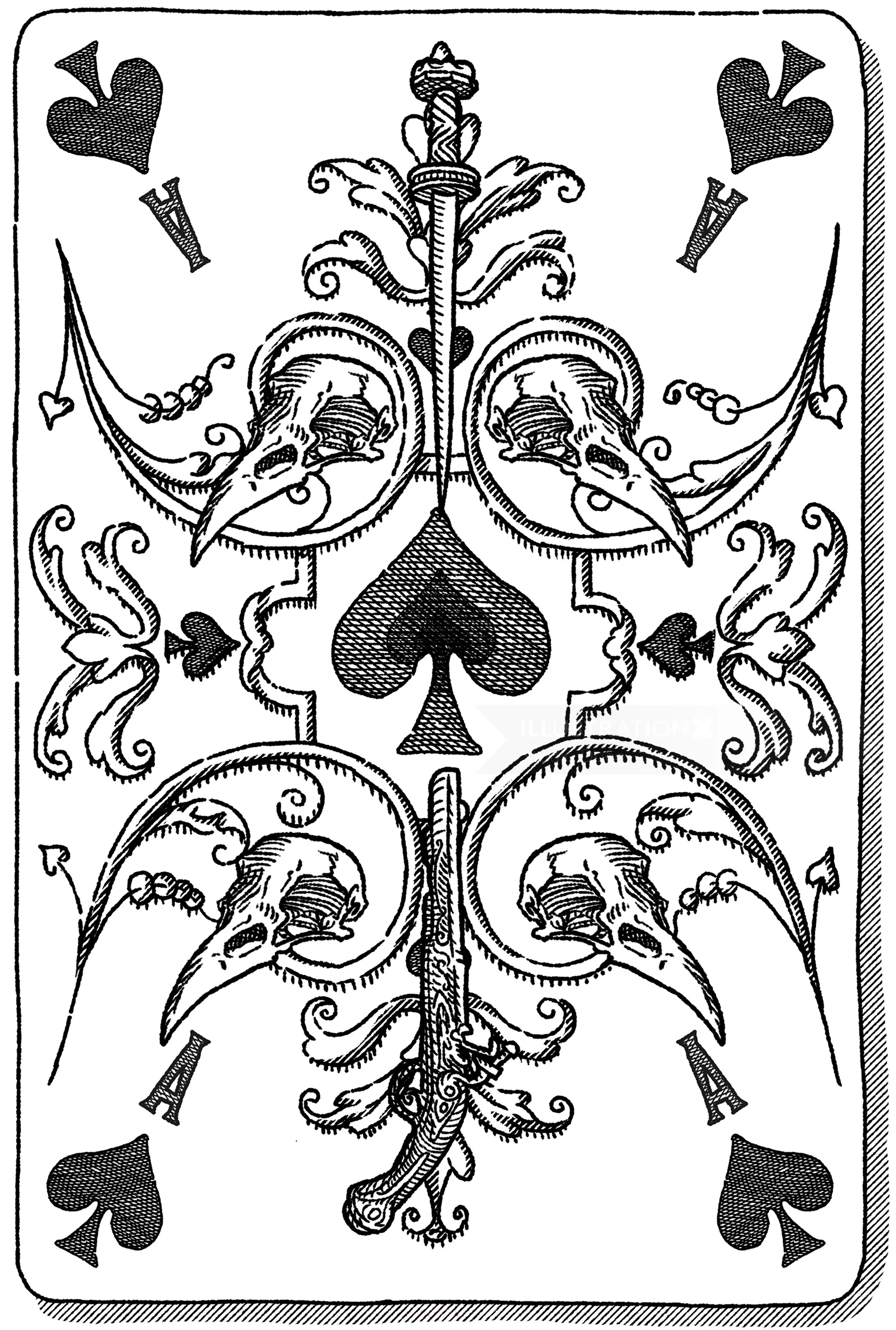 Verzierte Pik-Spielkarte aus dem Six of Crows-Set von Studio Duco