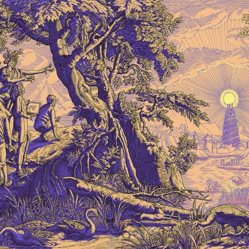 Studio Duco ilustração de pessoas e natureza ao lado de uma cidade futurista