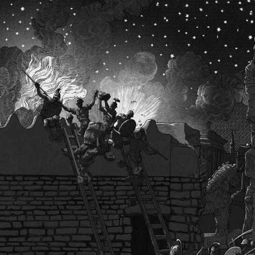 Studio Duco illustration of Greek warriors scaling Troy's fortified walls at night
