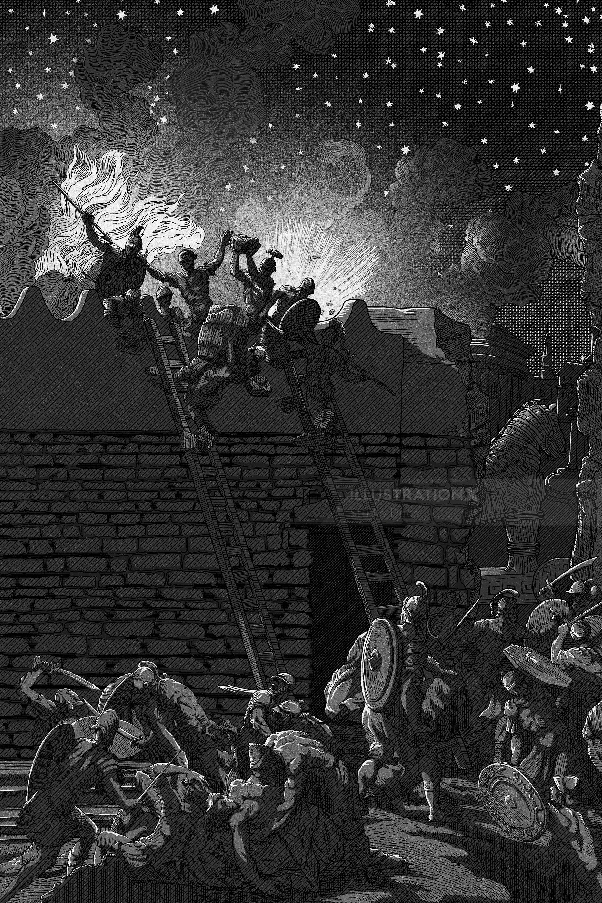 Studio Duco Illustration griechischer Krieger, die nachts die Festungsmauern Trojas erklimmen.