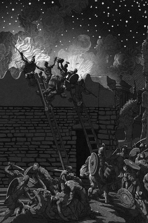 Ilustración de guerreros griegos escalando las murallas fortificadas de Troya por la noche.