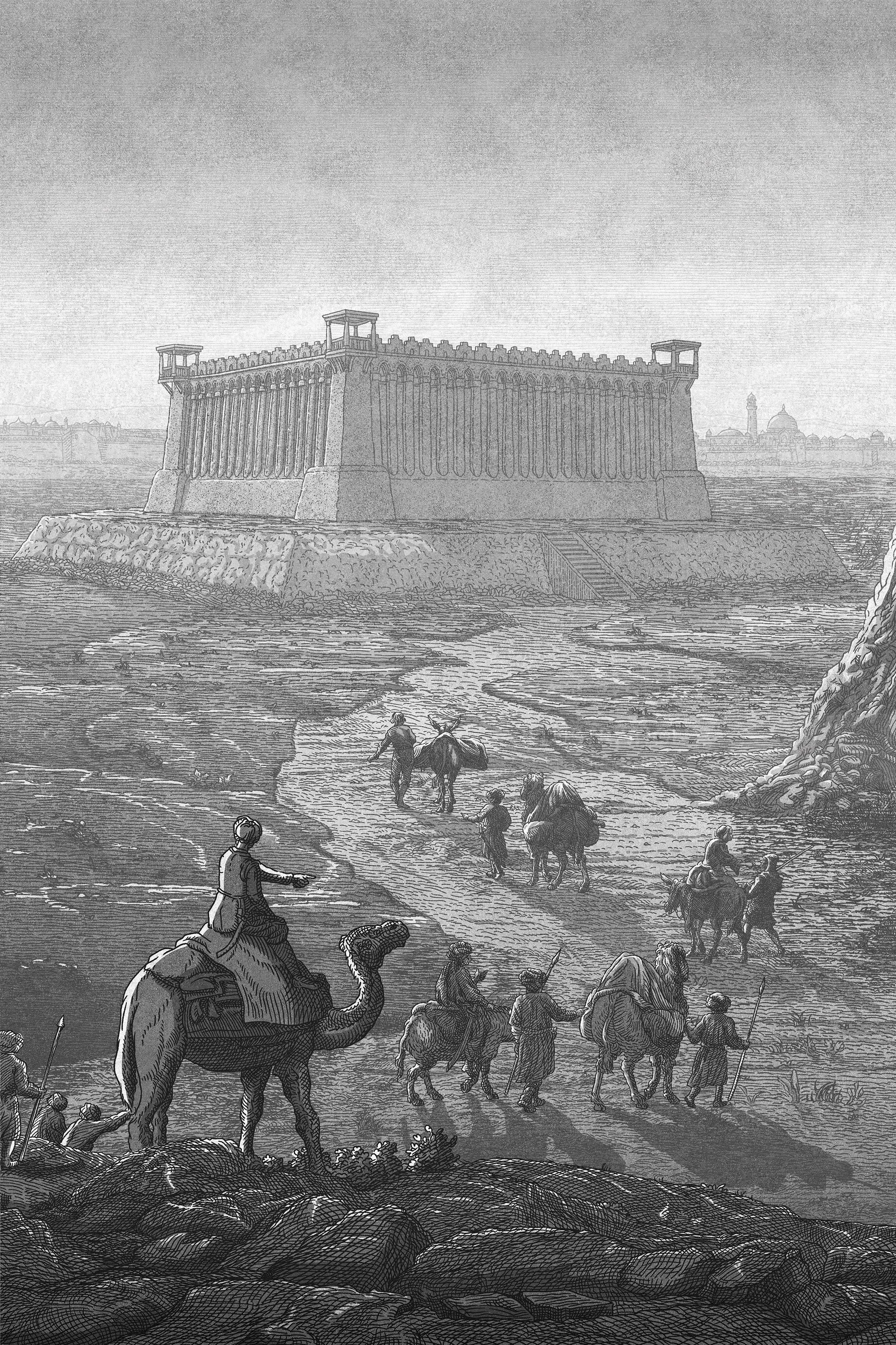 Studio Duco illustration of travelers approaching the Great Kyz Kala fortress