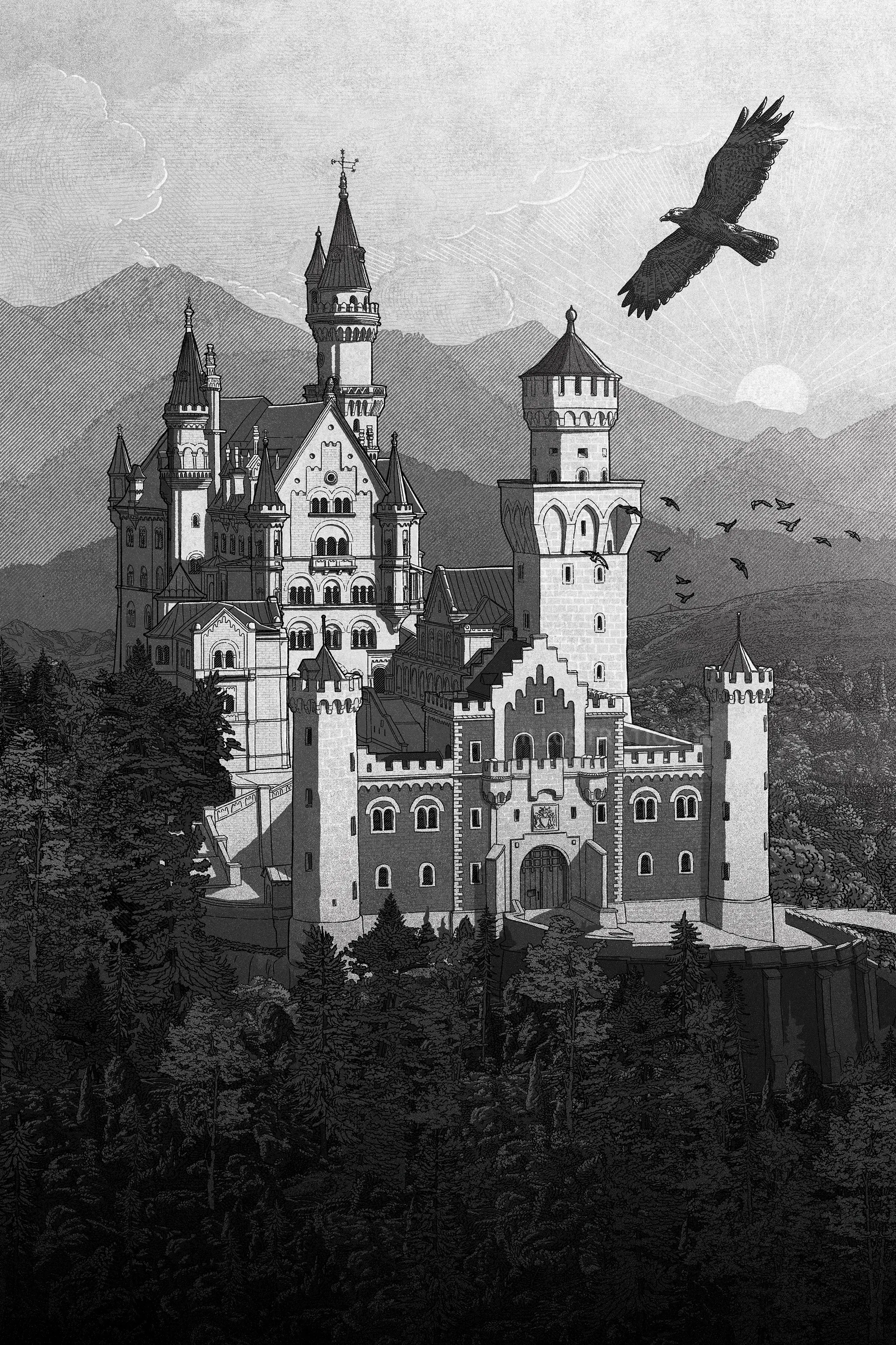 Studio Duco illustration of an ornate castle in a mountainous forest landscape