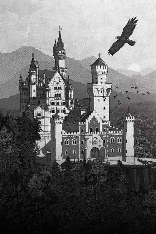 Studio Duco ilustração de um castelo ornamentado em uma paisagem florestal montanhosa