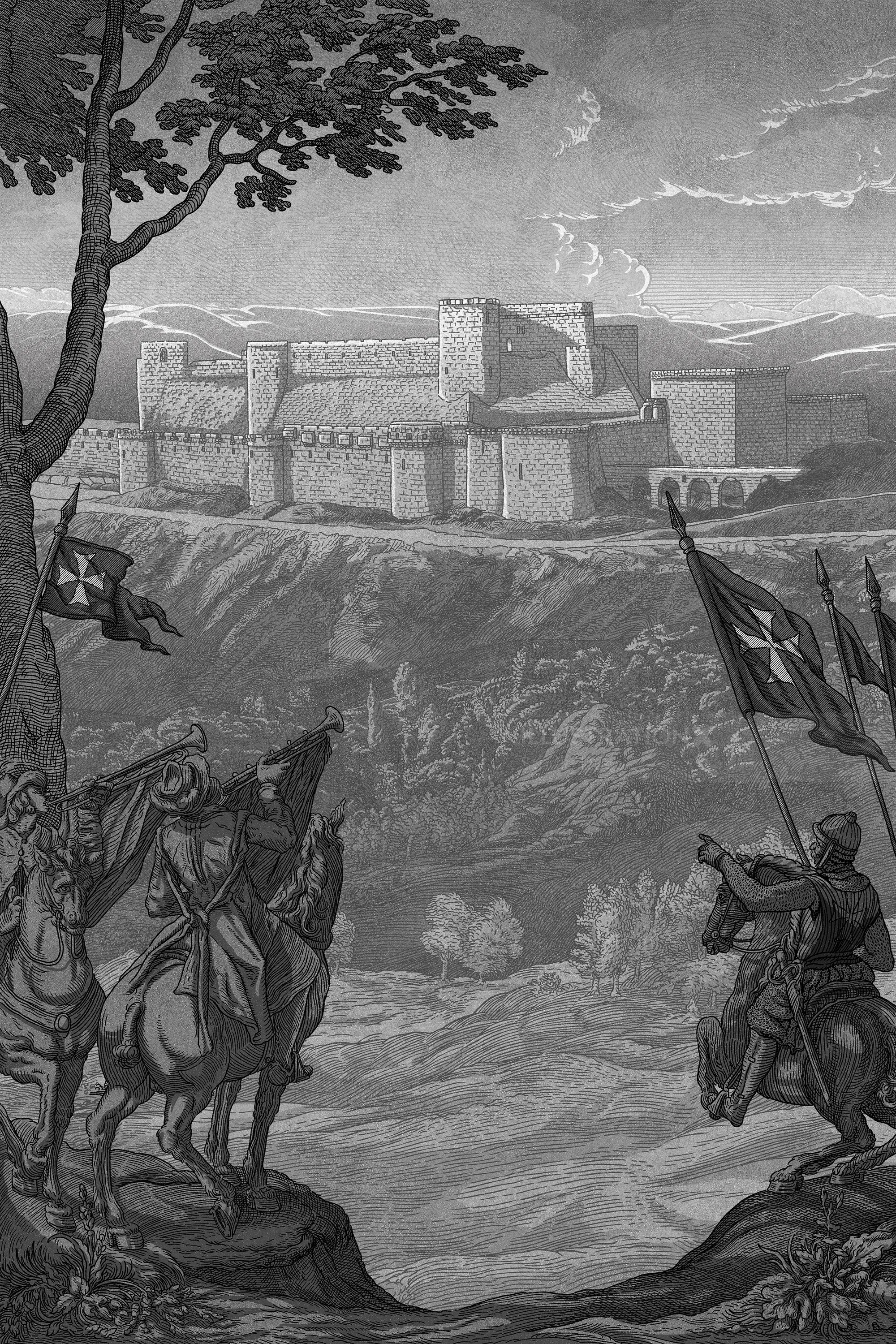 Studio Duco Illustration de personnages à cheval approchant d'une forteresse