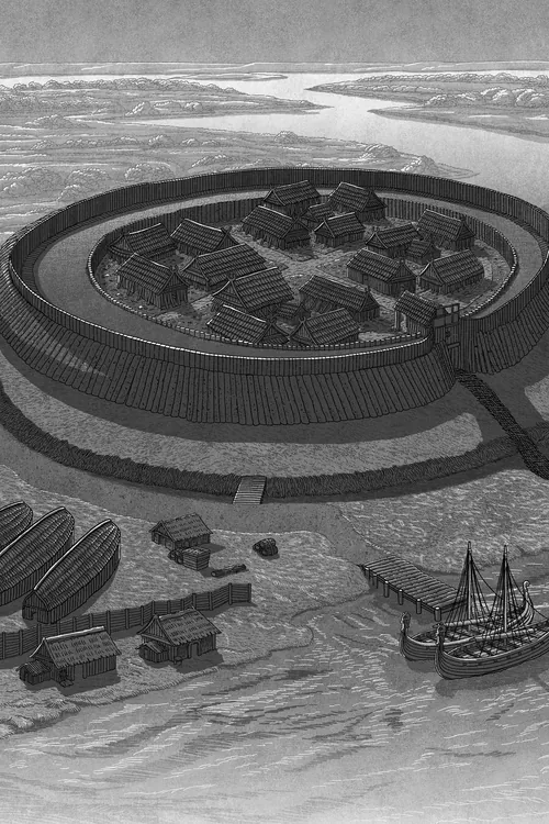 Studio Duco ilustração de um forte costeiro circular com edifícios e barcos