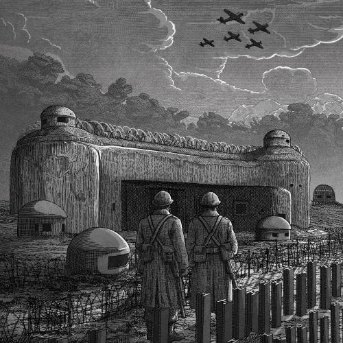 Studio Duco illustration of two figures by a barbed-wire fence and bunkers