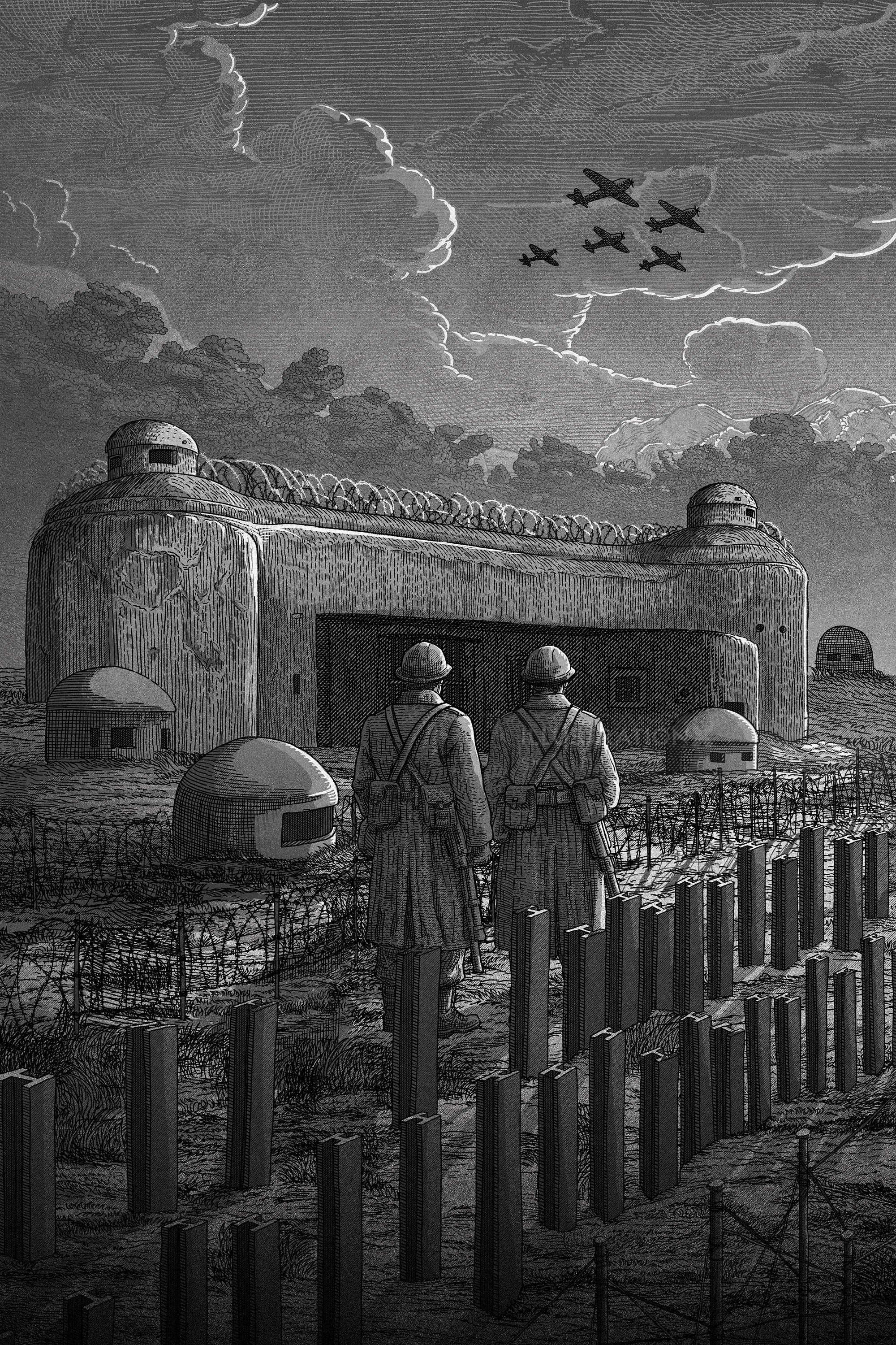 Studio Duco Illustration de deux personnages près d'une clôture de barbelés et de bunkers